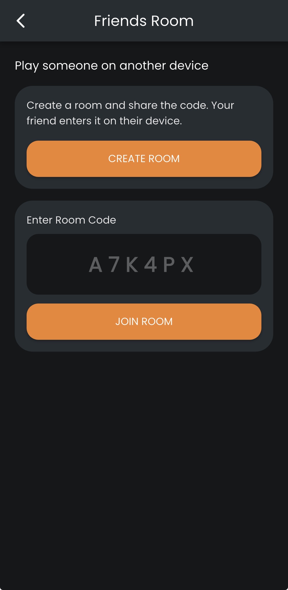 Xo Arena friends room screen for creating or joining a room